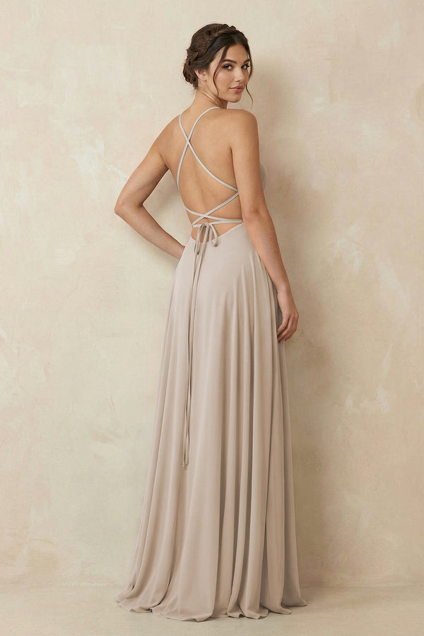 A - Line Chiffon Bridesmaid Dress With Slit in Frost - SHE IS ME Bridesmaid Dresses