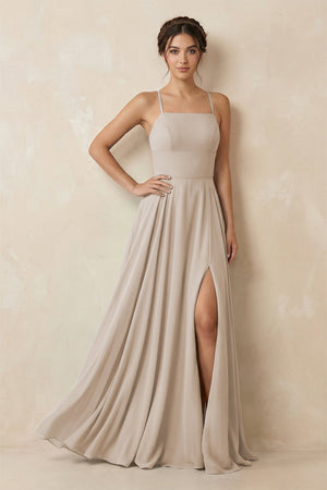 A - Line Chiffon Bridesmaid Dress With Slit in Frost - SHE IS ME Bridesmaid Dresses