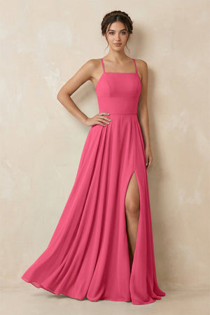 A - Line Chiffon Bridesmaid Dress With Slit in Fuchsia - SHE IS ME Bridesmaid Dresses