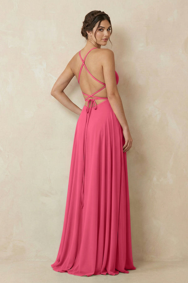 A - Line Chiffon Bridesmaid Dress With Slit in Fuchsia - SHE IS ME Bridesmaid Dresses