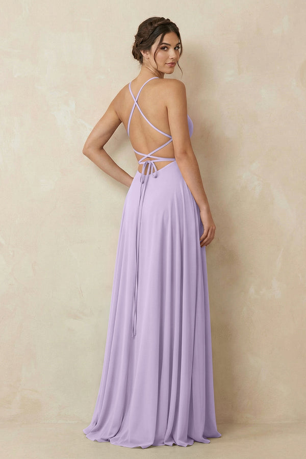 A - Line Chiffon Bridesmaid Dress With Slit in Lavender - SHE IS ME Bridesmaid Dresses
