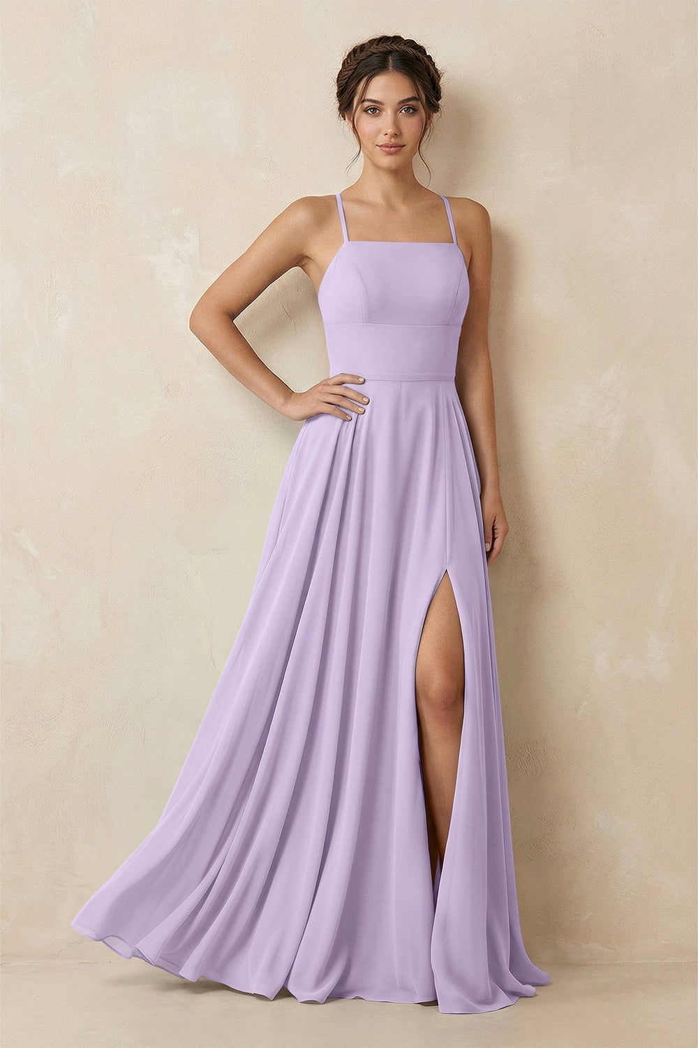 A - Line Chiffon Bridesmaid Dress With Slit in Lavender - KISS BRIDAL Bridesmaid Dresses