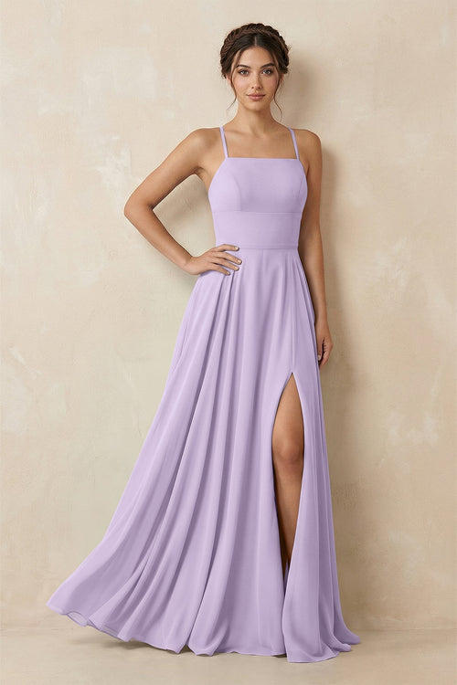 A - Line Chiffon Bridesmaid Dress With Slit in Lavender - SHE IS ME Bridesmaid Dresses