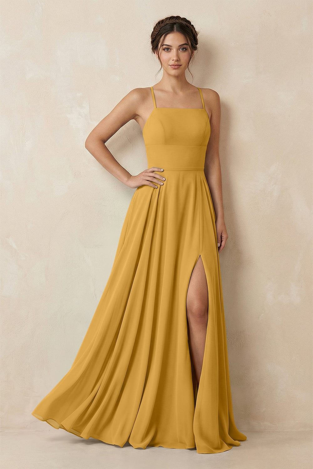 A - Line Chiffon Bridesmaid Dress With Slit in Marigold - KISS BRIDAL Bridesmaid Dresses