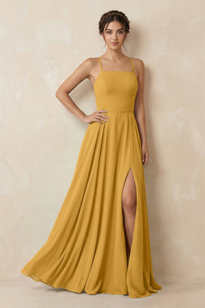 A - Line Chiffon Bridesmaid Dress With Slit in Marigold - SHE IS ME Bridesmaid Dresses