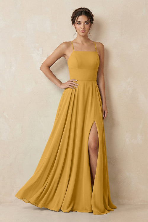 A - Line Chiffon Bridesmaid Dress With Slit in Marigold - SHE IS ME Bridesmaid Dresses