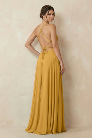 A - Line Chiffon Bridesmaid Dress With Slit in Marigold - SHE IS ME Bridesmaid Dresses