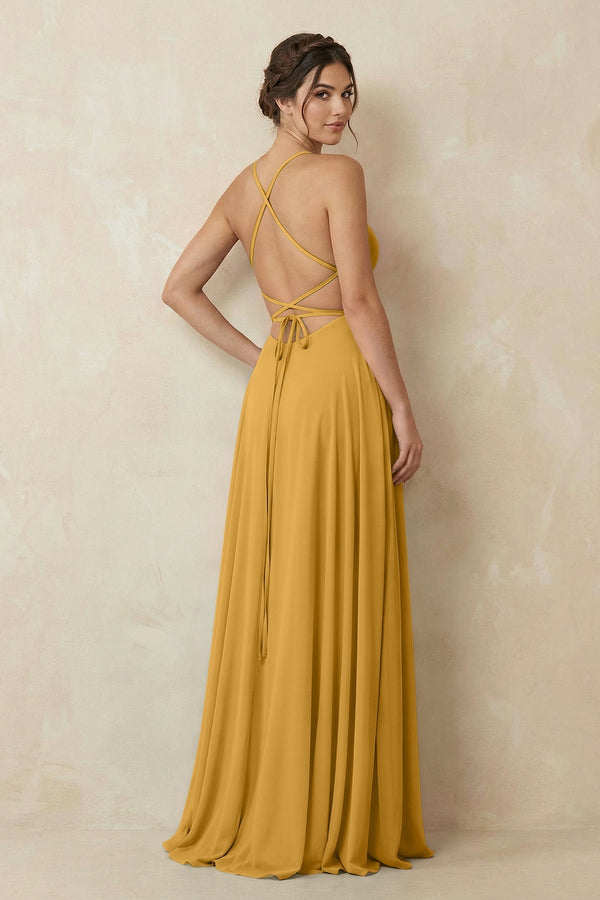 A - Line Chiffon Bridesmaid Dress With Slit in Marigold - SHE IS ME Bridesmaid Dresses