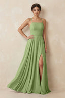 A - Line Chiffon Bridesmaid Dress With Slit in Matcha - SHE IS ME Bridesmaid Dresses