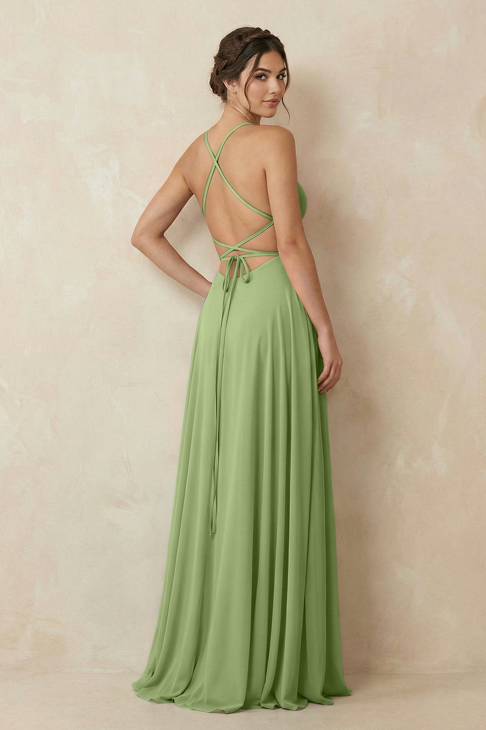 A - Line Chiffon Bridesmaid Dress With Slit in Matcha - KISS BRIDAL Bridesmaid Dresses