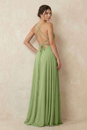 A - Line Chiffon Bridesmaid Dress With Slit in Matcha - SHE IS ME Bridesmaid Dresses