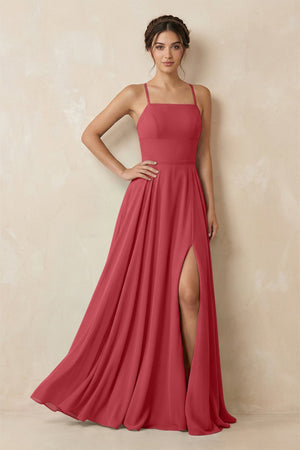 A - Line Chiffon Bridesmaid Dress With Slit in Merlot - SHE IS ME Bridesmaid Dresses