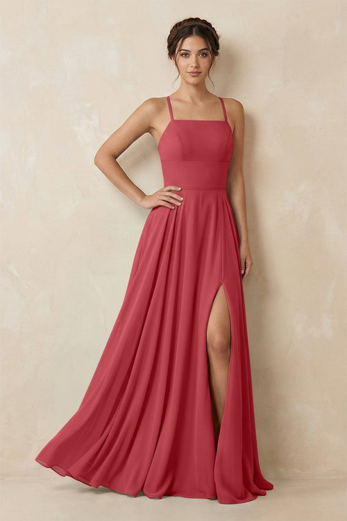 A - Line Chiffon Bridesmaid Dress With Slit in Merlot - SHE IS ME Bridesmaid Dresses