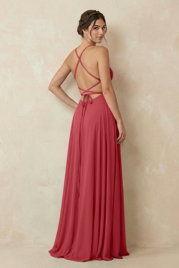 A - Line Chiffon Bridesmaid Dress With Slit in Merlot - SHE IS ME Bridesmaid Dresses