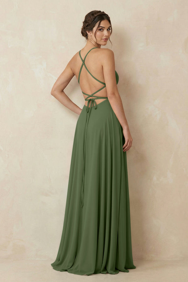A-Line Chiffon Bridesmaid Dress With Slit in Moss (2) | KISSBRIDAL