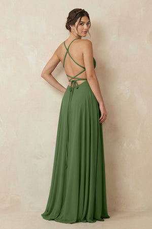 A - Line Chiffon Bridesmaid Dress With Slit in Moss - SHE IS ME Bridesmaid Dresses
