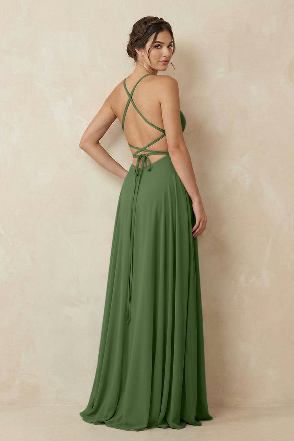 A - Line Chiffon Bridesmaid Dress With Slit in Moss - SHE IS ME Bridesmaid Dresses