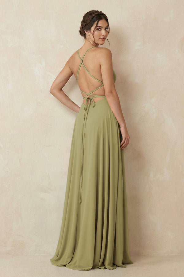 A-Line Chiffon Bridesmaid Dress With Slit in Moss Green (2) | KISSBRIDAL