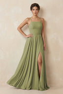 A - Line Chiffon Bridesmaid Dress With Slit in Moss Green - SHE IS ME Bridesmaid Dresses