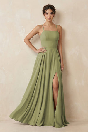 A - Line Chiffon Bridesmaid Dress With Slit in Moss Green - SHE IS ME Bridesmaid Dresses