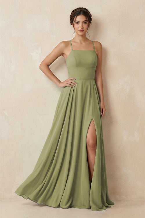 A - Line Chiffon Bridesmaid Dress With Slit in Moss Green - SHE IS ME Bridesmaid Dresses