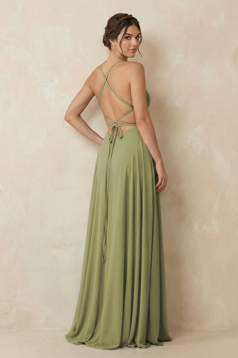 A - Line Chiffon Bridesmaid Dress With Slit in Moss Green - KISS BRIDAL Bridesmaid Dresses