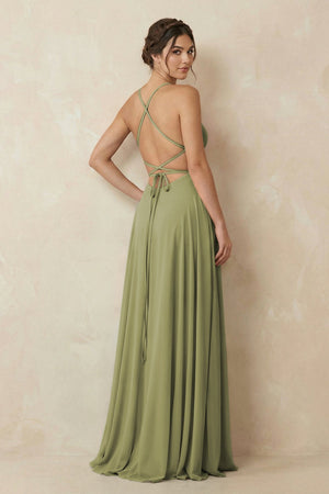 A - Line Chiffon Bridesmaid Dress With Slit in Moss Green - SHE IS ME Bridesmaid Dresses