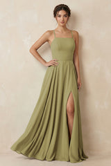 A-Line Chiffon Bridesmaid Dress With Slit in Moss Green | KISSBRIDAL