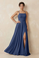 A - Line Chiffon Bridesmaid Dress With Slit in Navy - SHE IS ME Bridesmaid Dresses