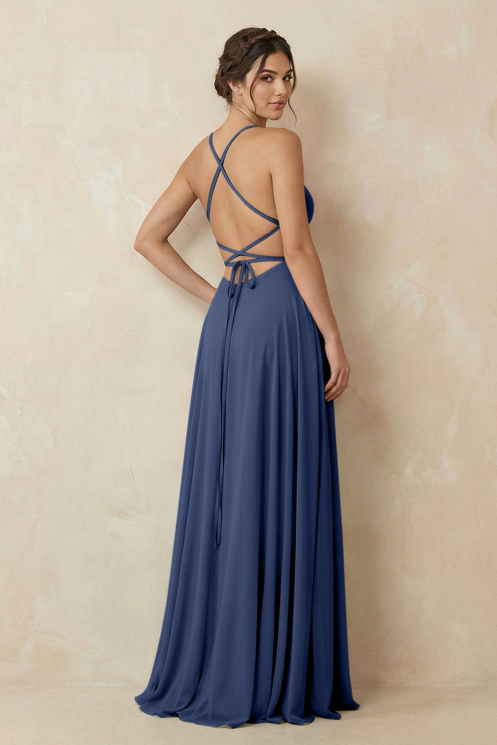 A - Line Chiffon Bridesmaid Dress With Slit in Navy - KISS BRIDAL Bridesmaid Dresses