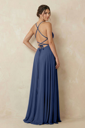 A - Line Chiffon Bridesmaid Dress With Slit in Navy - SHE IS ME Bridesmaid Dresses