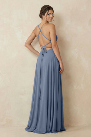 A - Line Chiffon Bridesmaid Dress With Slit in Neptune - SHE IS ME Bridesmaid Dresses