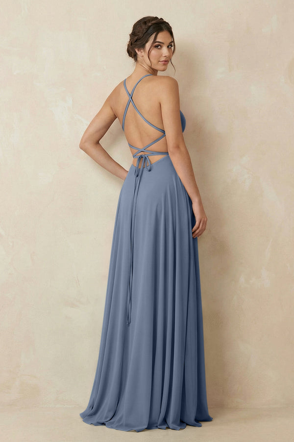 A - Line Chiffon Bridesmaid Dress With Slit in Neptune - SHE IS ME Bridesmaid Dresses