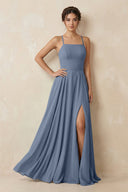 A - Line Chiffon Bridesmaid Dress With Slit in Neptune - SHE IS ME Bridesmaid Dresses