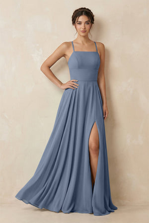 A - Line Chiffon Bridesmaid Dress With Slit in Neptune - SHE IS ME Bridesmaid Dresses
