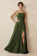 A - Line Chiffon Bridesmaid Dress With Slit in Olive - SHE IS ME Bridesmaid Dresses