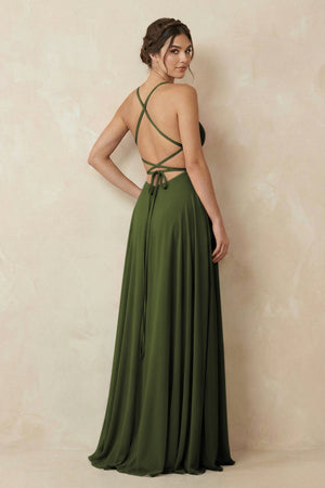 A - Line Chiffon Bridesmaid Dress With Slit in Olive - SHE IS ME Bridesmaid Dresses