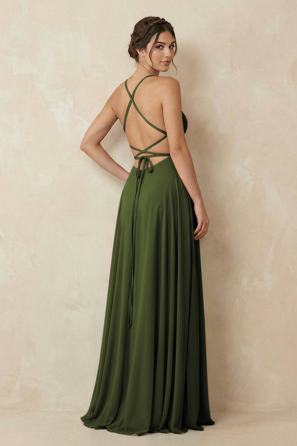 A - Line Chiffon Bridesmaid Dress With Slit in Olive - SHE IS ME Bridesmaid Dresses