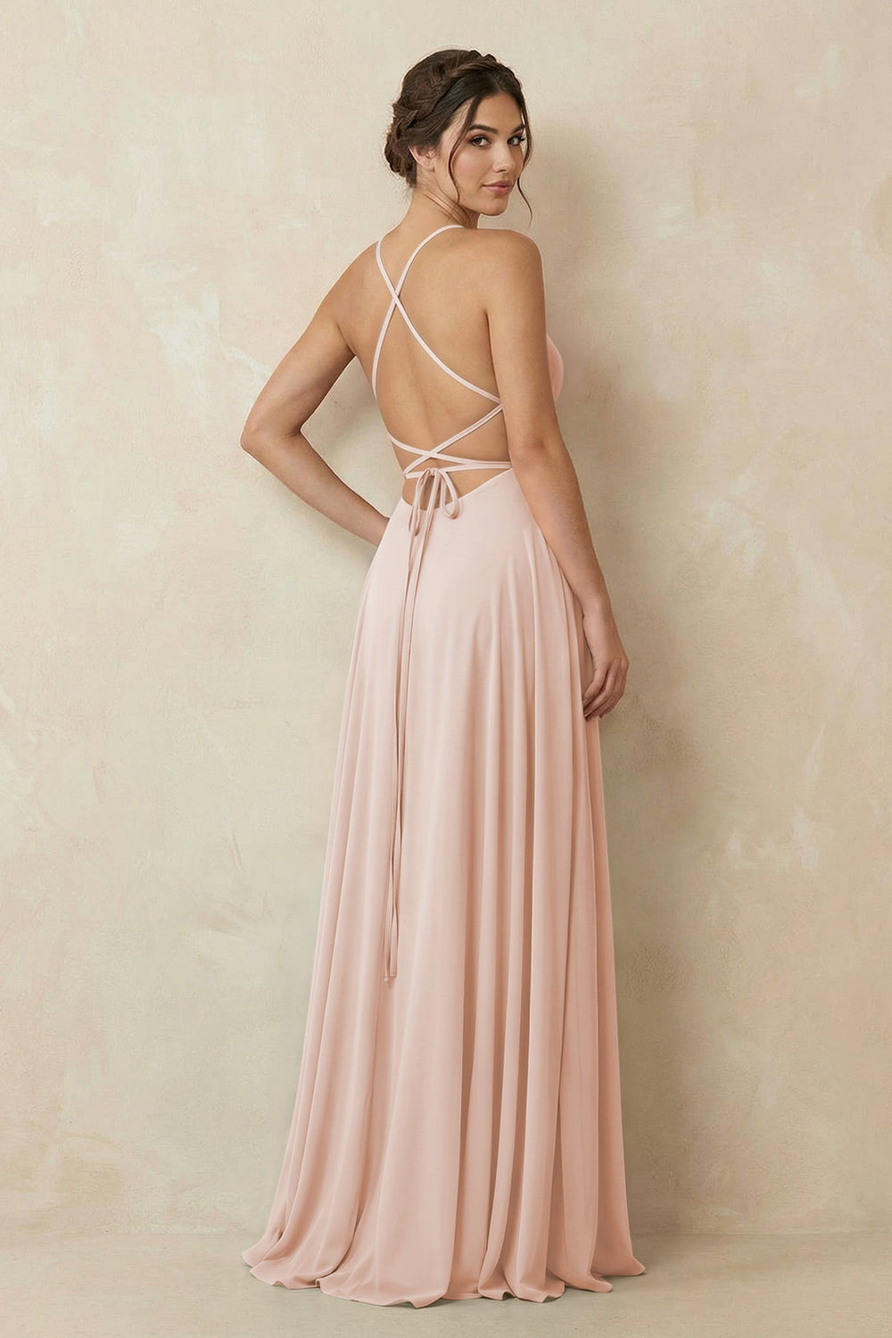 A - Line Chiffon Bridesmaid Dress With Slit in Pale Blush - KISS BRIDAL Bridesmaid Dresses