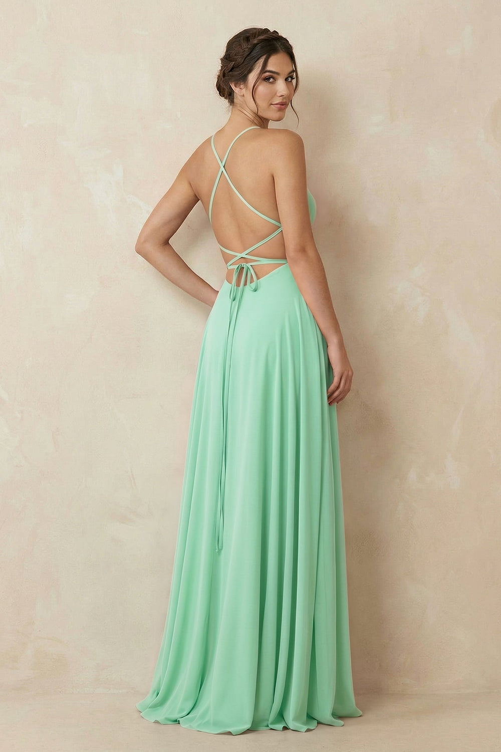 A - Line Chiffon Bridesmaid Dress With Slit in Pale Pistachio - KISS BRIDAL Bridesmaid Dresses