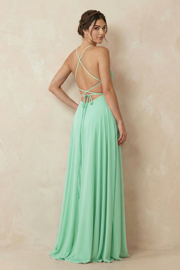 A - Line Chiffon Bridesmaid Dress With Slit in Pale Pistachio - SHE IS ME Bridesmaid Dresses