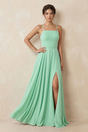 A - Line Chiffon Bridesmaid Dress With Slit in Pale Pistachio - SHE IS ME Bridesmaid Dresses