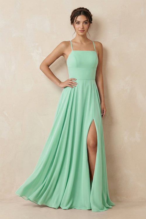 A - Line Chiffon Bridesmaid Dress With Slit in Pale Pistachio - SHE IS ME Bridesmaid Dresses