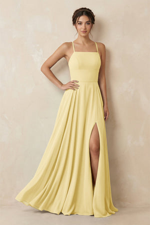 A - Line Chiffon Bridesmaid Dress With Slit in Pastel Yellow - SHE IS ME Bridesmaid Dresses