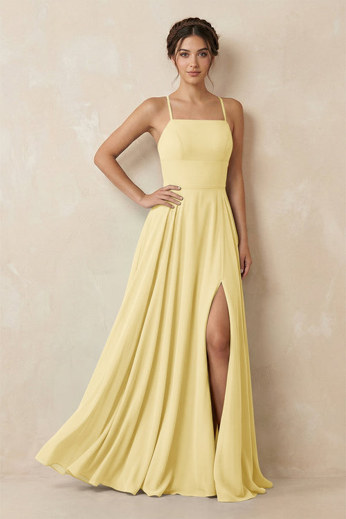 A - Line Chiffon Bridesmaid Dress With Slit in Pastel Yellow - SHE IS ME Bridesmaid Dresses