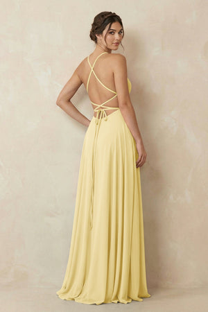 A - Line Chiffon Bridesmaid Dress With Slit in Pastel Yellow - SHE IS ME Bridesmaid Dresses