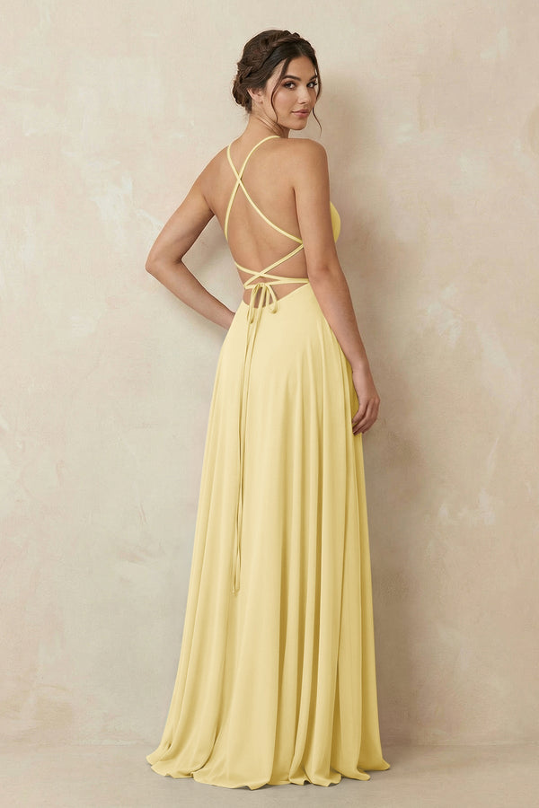 A - Line Chiffon Bridesmaid Dress With Slit in Pastel Yellow - SHE IS ME Bridesmaid Dresses