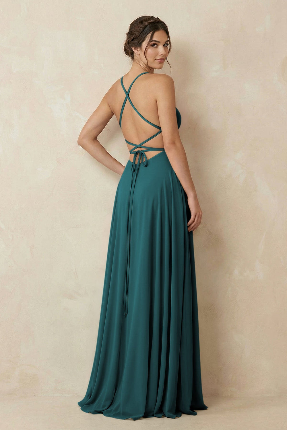 A - Line Chiffon Bridesmaid Dress With Slit in Pine - KISS BRIDAL Bridesmaid Dresses