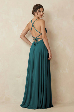 A - Line Chiffon Bridesmaid Dress With Slit in Pine - SHE IS ME Bridesmaid Dresses