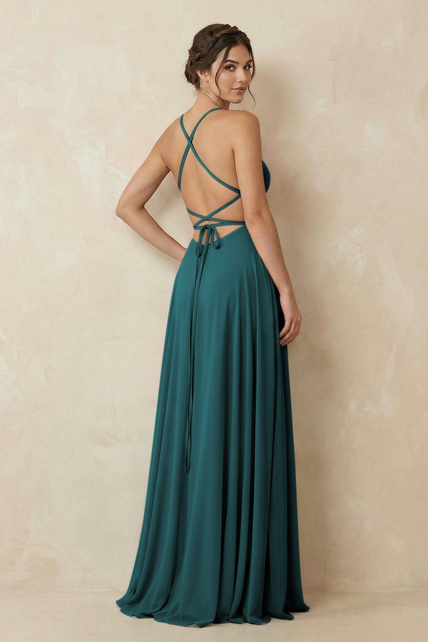 A - Line Chiffon Bridesmaid Dress With Slit in Pine - SHE IS ME Bridesmaid Dresses